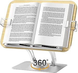 Book Stand for Reading,KVRG Adjustable Book Holder with 360° Rotating Metal Base,Foldable Cookbook Stand, Reading Hands Free with ABS Expandable Page Clips for Recipe,Textbook,Laptop-Oak