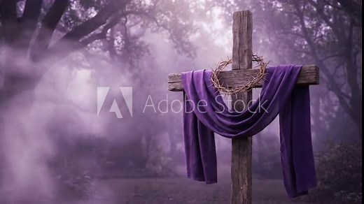 Wooden Cross with Crown of Thorns and Purple Cloth in Misty Forest for Lent and Easter