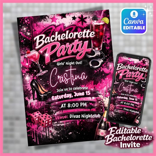 Editable Bachelorette Party Invitation, Pink and Black Graffiti Hen Party Invite, Digital Bridal Squad Night Printable Download - Etsy Canada