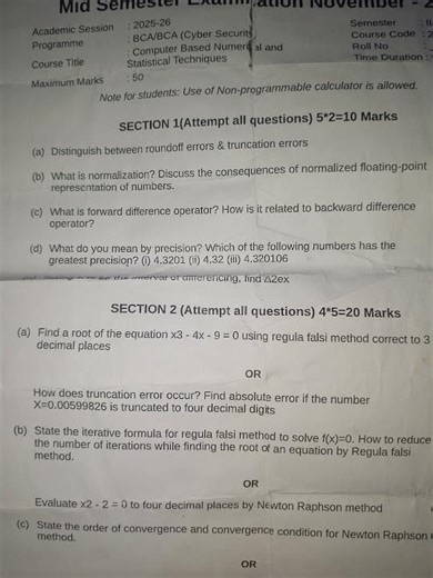 Course Title:- Computer Based Numerical and Statistical Techniques | BBA | mid sem exam Paper #exam