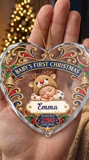 Personalized "America 250 Baby’s First Christmas" Glass Ornament - Custom Gift for Baby, Newborn
