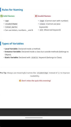 part rules of variables java #variables #coding #btech #programming #learning #students #placements
