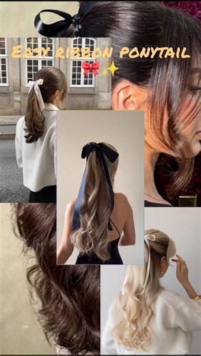 easy hairstyle tutorial, ribbon ponytail hairstyle #trending #ytshorts #hairstyletutorial #tutorial