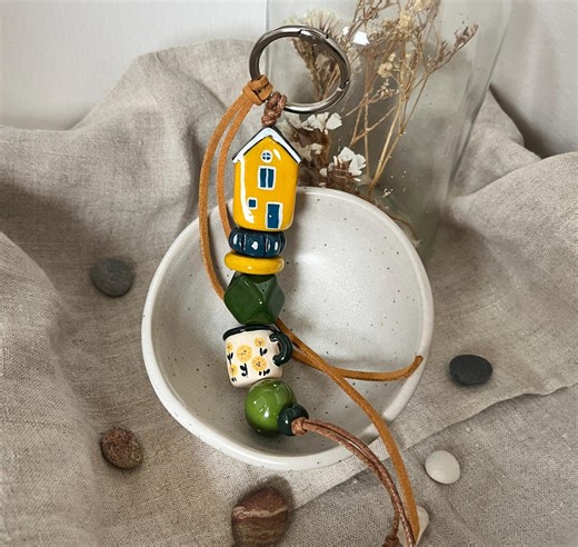 Yellow Scandinavian House Keychain | Handmade Polymer Clay Floral Mug Charm | Nordic Home Comfort Keyring - Etsy