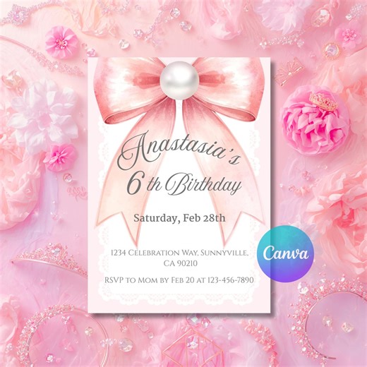 Coquette Pink Ribbon Birthday Invitation Template, Pearl Lace Princess Party, Girl Birthday Invite, Canva Download - Etsy