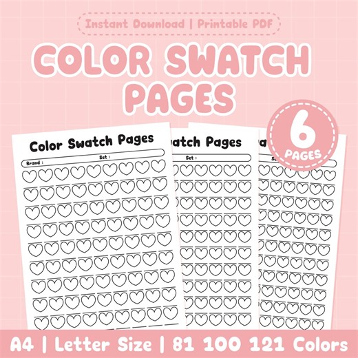 Heart Color Swatch Pages | Marker Organizer, Paint Testing Chart (digital Download) - Etsy