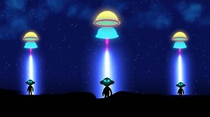 Three UFo Allian Land From Ufo On Earth. Cartoon Animation Of Ufo Flying And Allien Landing In The Night On Earth. Futuristic Science Fiction Background, Allian Contact With Human