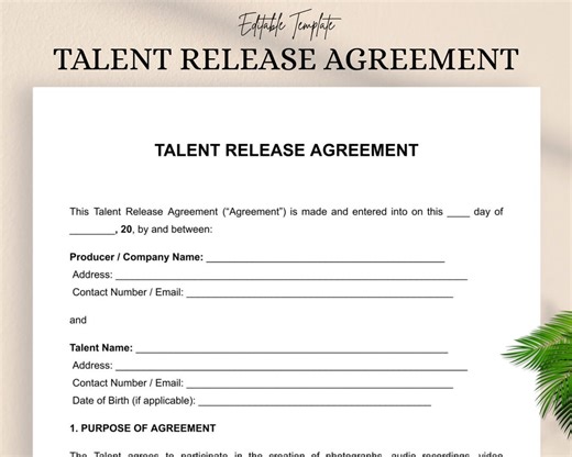 Talent Release Agreement Template – Model & Performer Release Form PDF ,DOC - Etsy