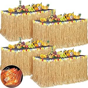 Aneco 4 Pieces 9 Ft x 30 Inches Luau Grass Table Skirts with LED String Light Hawaiian Table Skirt Lighted Grass Skirt Table Fringe for Tropical, Hawaiian Themed, Birthday Party (Natural)