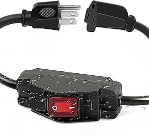 Knoweasy 2 Ft Outdoor Extension Cord with Switch On/Off: 14AWG 3 Prong Waterproof Cord, 15A 125V, Lighted Inline Power Switch for Electrical Equipment - Switched Extension Cord
