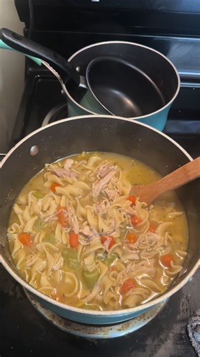 Homemade chicken noodle soup from scratch. I took the carcass from my whole chicken that I boiled and put it in another pot of water with 2 bay leaves and I am going to make bone broth from scratch with my carcass. 😁