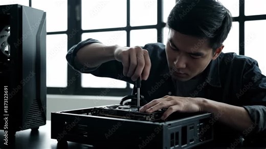 Young man intensely focused on assembling a computer, working with motherboard and case.