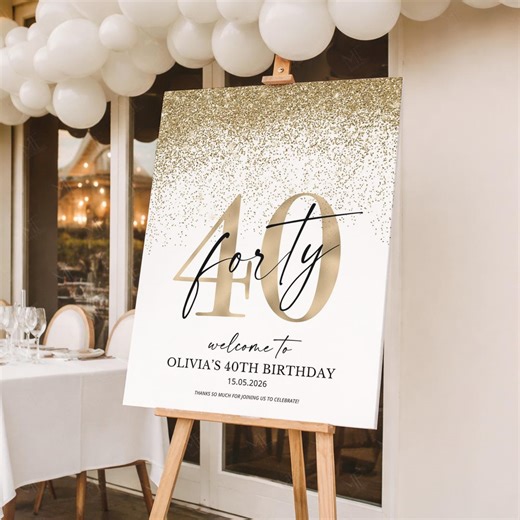 40th Birthday Welcome Sign, Gold Glitter Forty Year Old Party Poster 40 (editable) - Etsy
