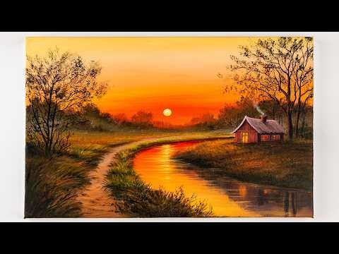 How to paint a house by the lake/ sunset landscape painting / Aham Art