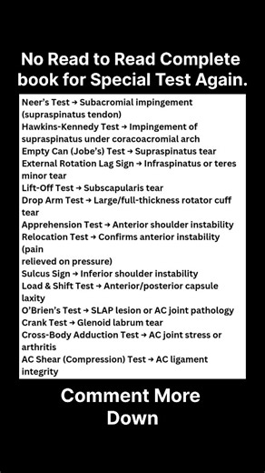 Save this Now and Never forget shoulder Tests and what they are used for . . . . . . #physiotherapist #physiotherapist #physiocoach #specialtest #MusculoskeletalPhysio #basics #physiotherapy #fyp #medical #physiotherapystudents #explorepage | Physi-Yog Therapy
