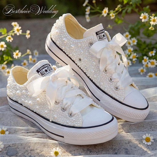 Custom White Pearl Wedding Converse Low Tops , Bridal Sneakers With Satin Ribbon - Etsy