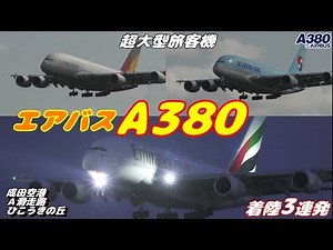 【4K】成田空港 ひこうきの丘 超巨大旅客機 Aランに離着陸するエアバスA380３連発