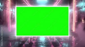 Futuristic Green Chroma Key Screen in a Neon-Lit Reflective Corridor. Futuristic Neon TV Screen