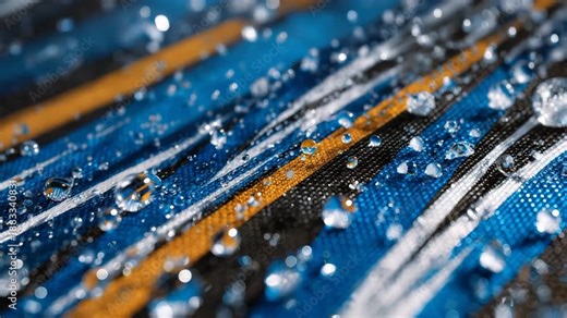 Sharp angular abstract composition inspired by fitness, electric blue and orange tones contrast with black, realistic textured overlays like mesh fabric and water droplets, dynamic