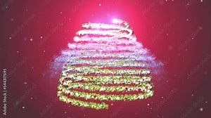 Light streaks shaped a Christmas tree on a red background. Abstract Xmas tree animation. Winter holiday 4k video background.