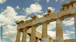 Acropolis parthenon site timelapse pillars bright sunny sky 30p