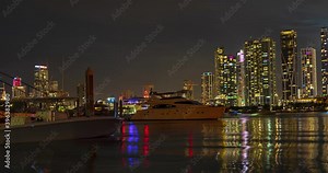 Miami, Florida, USA - timelapse. Cruise ship on Miami Skyline time lapse. Miami Time lapse, Hyperlapse Of traffic on Miami cruise ship at night.