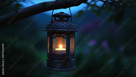 Illuminated Lantern Hanging From A Tree Branch At Dusk With A Candle Inside