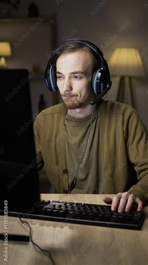 Caucasian young cyber sportsman gamer plays online video game on computer at home at night.guy player feels nervous, concentrates biting lips in process
