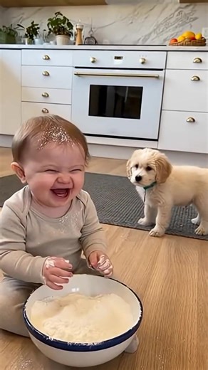 Baby Slaps Flour Bowl - Puppy Sneezes from Dust Cloud! 😂🐶 This is TOO ADORABLE! 😂💕 I'm filming in the kitchen and my baby SLAPS a tiny bowl of flour with BOTH hands creating a small white cloud! 👶💨 Our puppy JUMPS BACK in shock, then sneezes ADORABLY from the flour dust! 🐶 The baby laughs UNCONTROLLABLY! 😭 I'm laughing behind the camera "Oh nooo!" The flour cloud! The shocked puppy jump! That ADORABLE sneeze! My baby's hysterical laugh! This moment is EVERYTHING! 🤣✨ The way the puppy sn