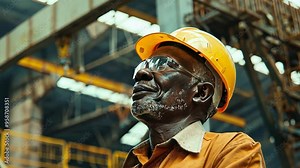 The Veteran Steelworker: A portrait of resilience and experience, capturing an African American steelworker in a vibrant factory, his weathered face reflecting years of dedication and expertise. Stock Video