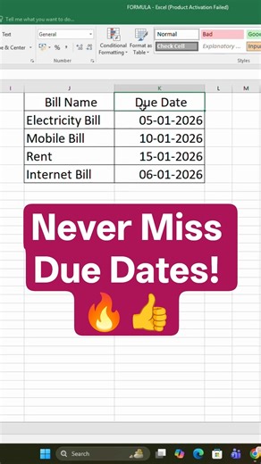Excel Due Date Reminder | Never Miss Deadlines Again 🚨 #shortsfeed #excel #spreadsheetmagic