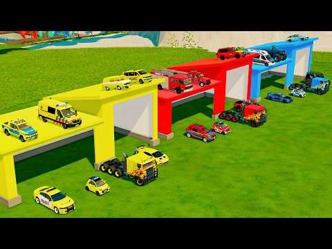 TRANSPORTING CARS, AMBULANCE, POLICE CARS, FIRE TRUCK OF COLORS! WITH TRUCKS! - FS 22