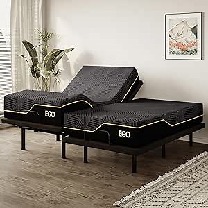 EGOHOME Split King Adjustable Bed Frame and 14" Memory Foam Mattress, Independent Head and Foot Incline Electric Bed with Massage, Wireless Remote, Zero Gravity, LED Lights, USB Ports, Adjustable Legs