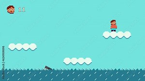 Retro Arcade Quest Game with End Screen Game Over. Jumping on Clouds collecting Bananas and avoiding sharks.