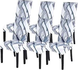 SearchI Printed Dining Room Chair Covers Set of 6, Stretch Kitchen Chair Covers Washable Parsons Chair Slipcover Removable Dining Chair Protectors for Hotel,Ceremony(Blue/White)