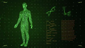 Background with animation of abstract interface. Human body, head, hands, DNA spirals and models of atom in wireframe style and animation programming codes. Animation of seamless loop.