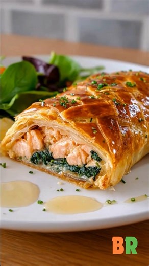 🐟 Salmon Wellington with Puff Pastry This comforting yet special dinner feels fancy without being fussy, making it perfect for a family meal that still feels like a treat. Flaky pastry, tender salmon, and a creamy spinach filling come together in a way everyone can enjoy. 🛒 Ingredients : 1 pound frozen puff pastry sheets, thawed 2 tablespoons unsalted butter 1 small yellow onion, finely diced 4 cloves garlic, finely minced 1/4 cup seafood broth 4 ounces cream cheese 4 to 5 cups baby spinach le