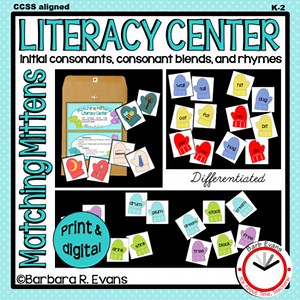 LITERACY CENTER: Mittens Onset Consonant Blends Rhyming Words Differentiated