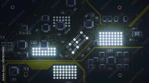 glowing microchip pads on dark PCB, pulsing LED arrays and illuminated traces map data flow in cinematic lowlight closeup, virtual diagnostics and automated test sequence highlight chipset