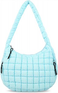 Lohol Quilted Puffer Tote Bag for Women - Large Crossbody Bag, Lightweight Nylon Puffy Carryall Hobo Puff Shoulder Bag(Cyan)