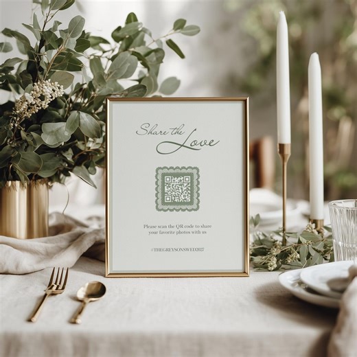 Sage Green Wedding QR Code Sign • Canva Template • Vintage, Elegant, Whimsical, Coquette Hashtag Signage - Etsy