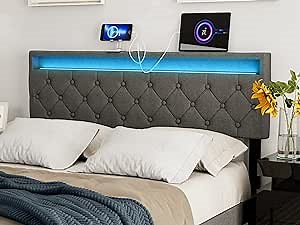IKIFLY Upholstered Queen Size Headboard with LED Lights & 2 USB Ports - Adjustable Height - Button Tufted Linen Fabric Padded Headboard, Easy Assembly, Queen Headboard Only for Bedroom - Dark Grey