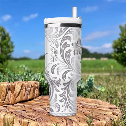 Personalized 40oz Tooled Leather Style Tumbler | Custom Engraved Western Cup | Southwest Cowboy Cowgirl Gift | Embossed Floral Design - Etsy