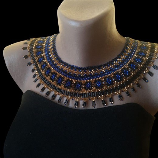 Beaded Egyptian Collar Necklace: Blue & Gold Tribal Bib, Handmade - Etsy Australia
