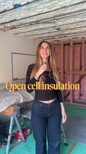 Batt insulation is out and spray foam, open cell insulation is in, with R 3.5 per inch. I wanted spray foam so we would have no trapped air — and then, inevitably, trapped condensation — because we have almost no ventilation in the narrow “attic” of our flat roofed living room. Next, lights and ceiling cladding 💡