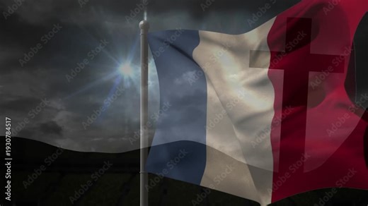 Flag fabric fluttering on pole with rising wind gusts folding and billowing colored panels