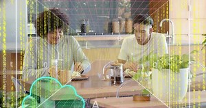 Two men eating at table as overlay appearing around them, cloud icons falling code showing tech