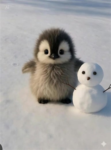 penguin with little snowman #cute #penguin #fyp