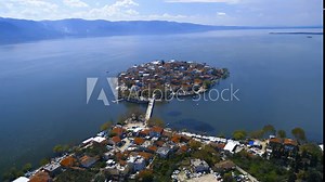 Aerial view of Golyazi village, magnificent waters of Gölyazı center and the surrounding lake, a fishing town by the lake.