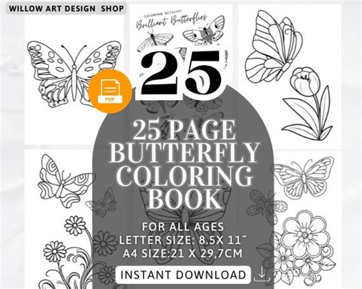25 Page Butterfly Coloring Book Printable PDF for All Ages Instant Download - Etsy